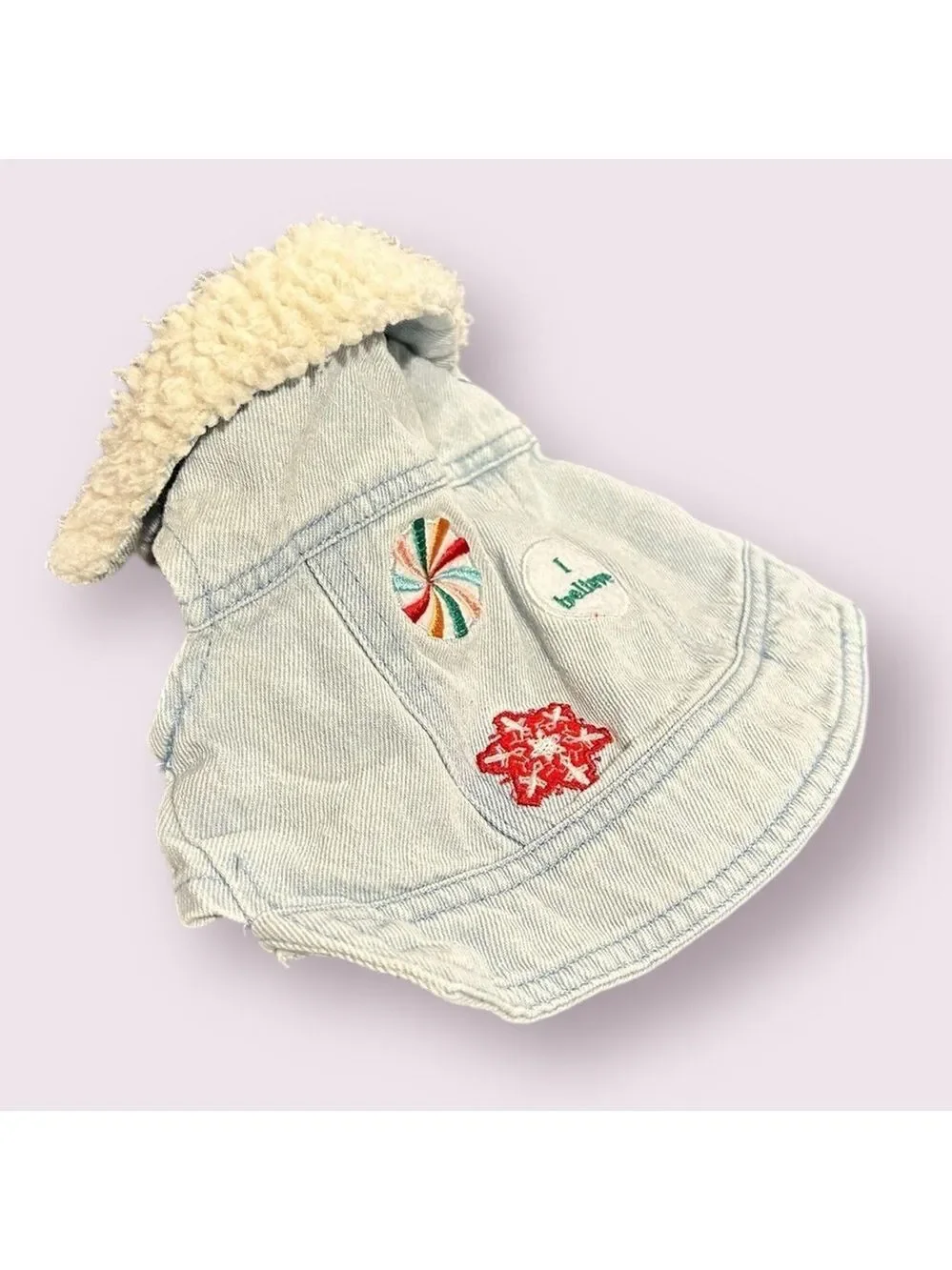 CHRISTMAS Denim Dog Vest Coat Sherpa Collar Two Size Snap Front Size Small